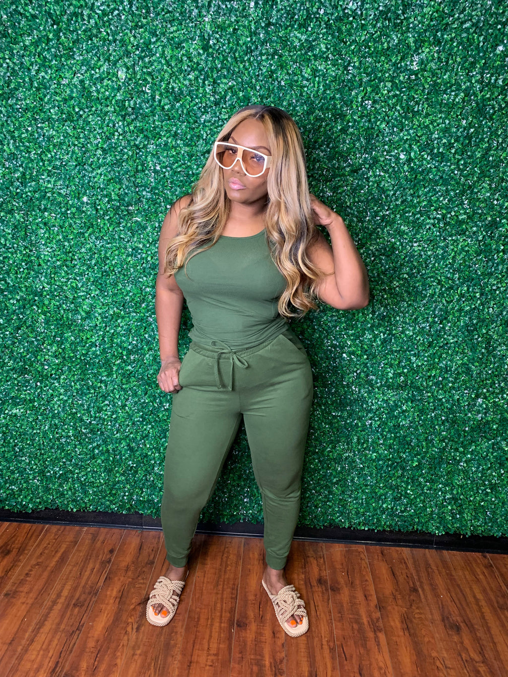 Kimmy Jogger Set w/ Racer Back Tank- Army Green